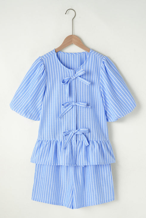 Sky Blue Striped Bowknot Detail Puffy Sleeve Top and Shorts 2Pcs Set